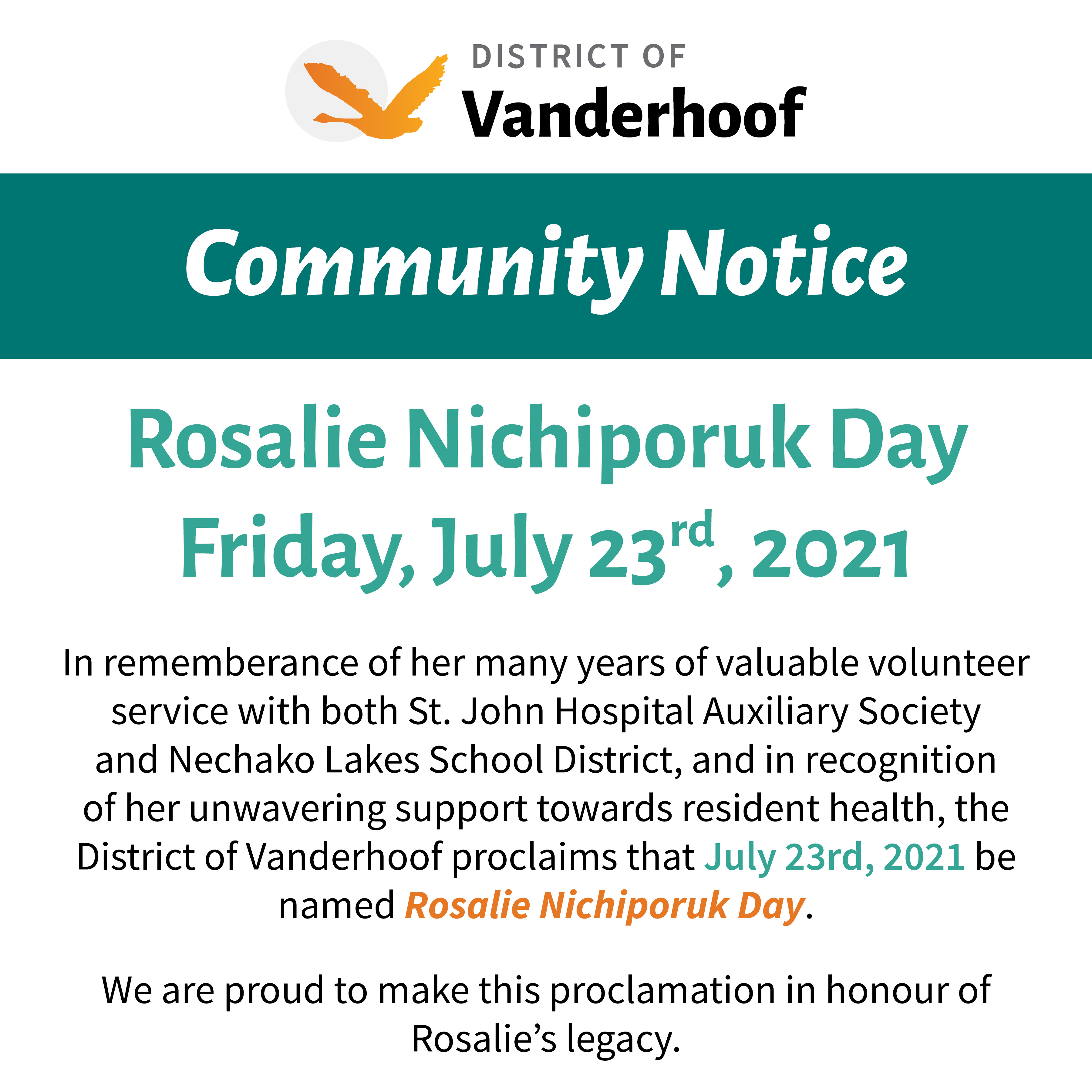 Community Notice, Rosalie Nichiporuk Day, Friday, July 23rd, 2021